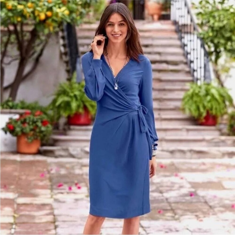 Sundance Always Right Dress Faux Wrap Womens Size XL Blue Cotton Modal Midi‎